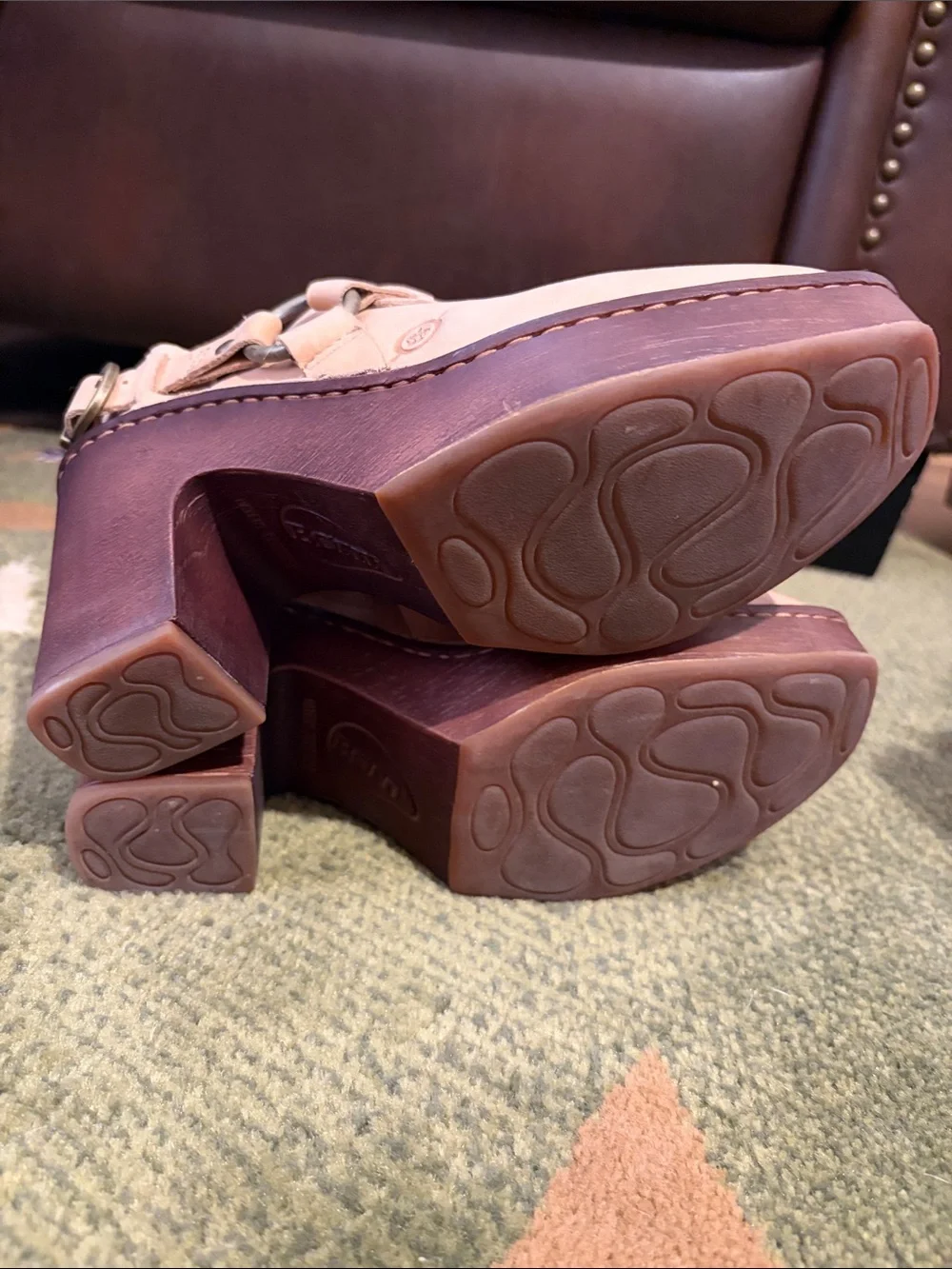 Born Nude/Tan Leather Platform Clog Heels with Buckle Detail